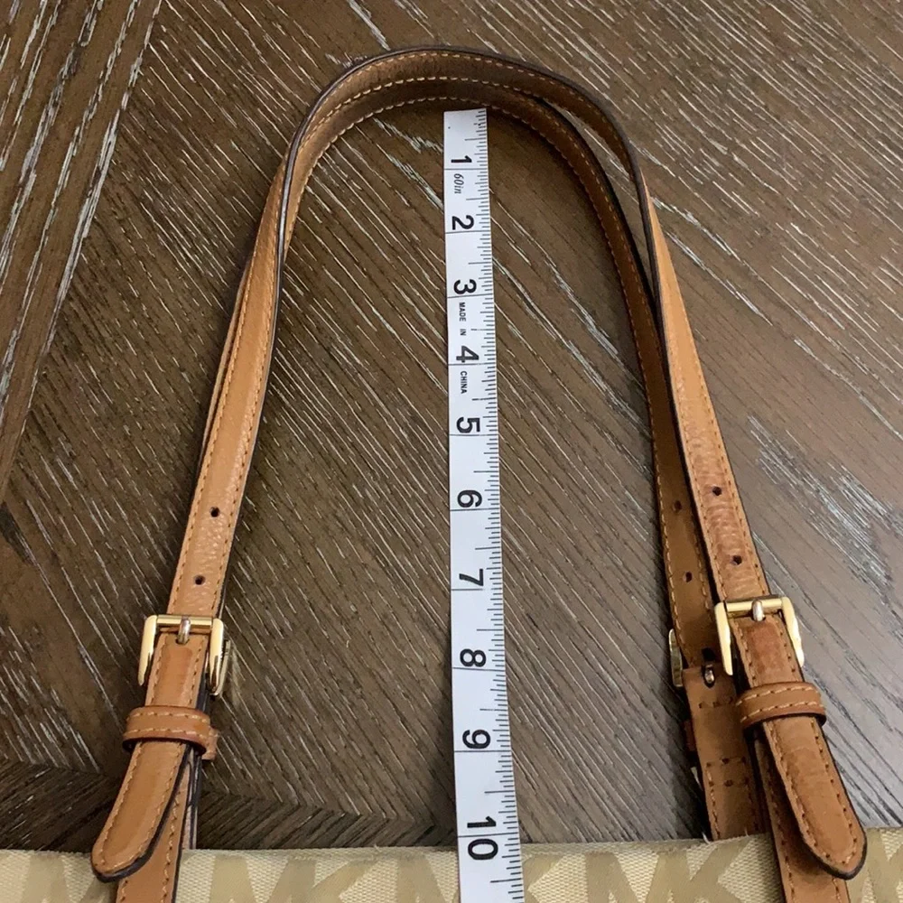 Michael Kors MK monogrammed print tan large shoulder bag with tan leather straps